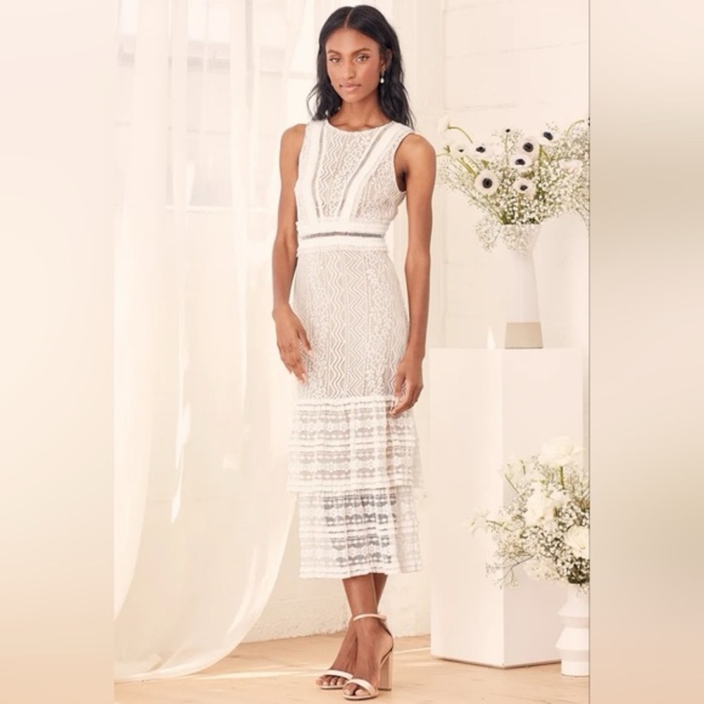 Lulus Garden‎ Soire White Lace Sleeveless Tiered Midi Dress Size Small